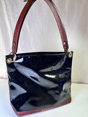 Duvall Leather Black Patent and Brown/Cognac Leather Slouch Bag Tote.